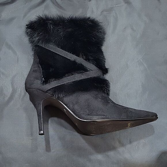 WILD DIVA BLACK FUR TRIM MID-CALF POINTED TOE BACK ZIPPER CLOSURE BOOT S2 - Picture 12 of 14